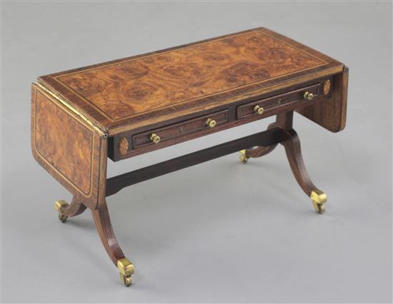 Denis Hillman. A Regency style banded burr walnut and rosewood banded miniature sofa table, width 4 1/8ins. (flaps down)